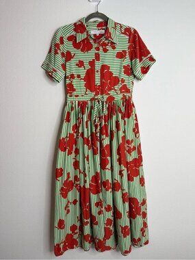 Hunter Bell Colby Midi Dress - Green Striped Cotton Sz Medium